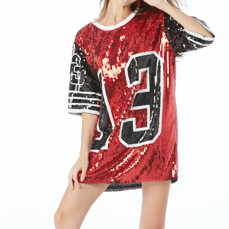 Özel köpüklü pullu elbise boncuklu basketbol Jersey kadın rahat Hip Hop T gömlek elbiseler