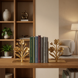 AK Brass Floral Design Metal <b>Bookends</b> Set of 2 Brass Finish Decorative Book Holders for Home Decor Library Shelf Office Decor - Product Image 1