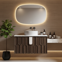 Meuble-lavabo flottant moderne en bois de noyer sculpté avec miroir ovale rétroéclairé par LED