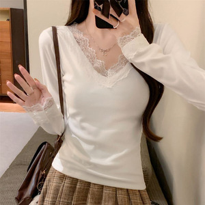 White V-Neck Lace Trim Knit Top For Women Slim Fit Everyday Wear Base Layer Long Sleeve Blouse - Product Image 1