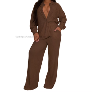 Women's Stretch Long-Sleeve Multiple Pockets Shirt With Pressed Creases Wide-Leg <b>Pants</b> Casual 2-Piece Set Fashion - Product Image 2