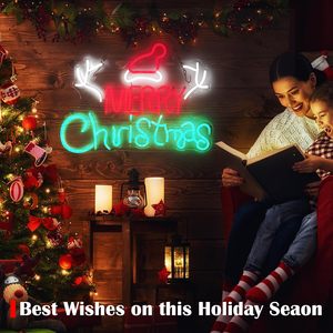 Merry Christmas Neon Sign <b>LED</b> Wall Decor <b>Light</b> <b>Red</b> Green Color Party Holiday Decoration Mounted Rectangular Shape - Product Image 1