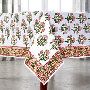 Mantel de Mesa Hecho a Mano 100% Algodón Mughal Buta Peach con Diseño Floral Moderno en el Borde, Reutilizable, Tamaño Personalizado para Bodas y Estilo Rústico - Product Image 1