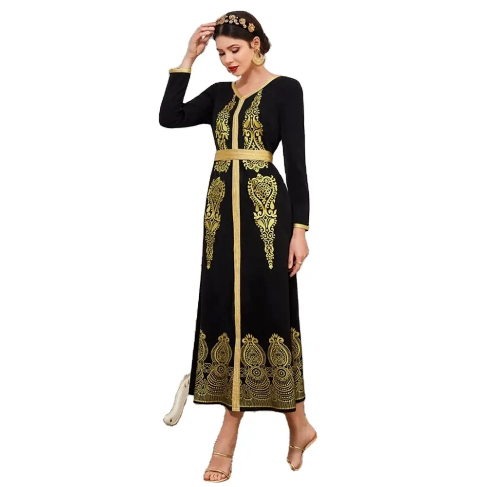 KY V-Ausschnitt Langarm Abaya Gold Paisley & Blumen druck Tape Trim Belted Frauen Kaftan Kleider muslimisches Kleid für Frauen