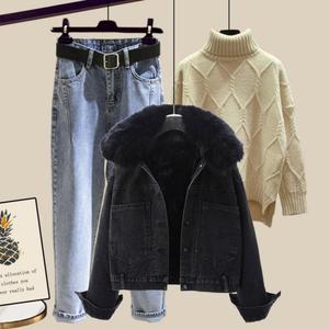 Nouvelle tenue tendance, <span class=keywords><strong>veste</strong></span> en jean épaisse en velours, avec jean slim, <span class=keywords><strong>pull</strong></span>, ensemble trois pièces pour femmes - Product Image 4