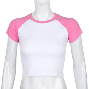Babyhealthy-Camiseta corta raglán para mujer, Top de punto transpirable de manga corta con cuello redondo acanalado estilo Y2K para chicas adolescentes, ropa de verano - Product Image 3