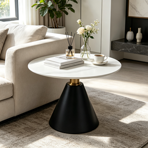 Table d'appoint de luxe en pierre frittée ronde, plateau veiné blanc, base conique noire avec anneau doré, table de salon, table d'hôtel - Product Image 6