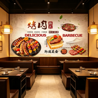 Papier peint mural coréen pour restaurant de barbecue, papier peint pour restaurant de bœuf rôti, fond mural pour aliments grillés pour restaurant commercial, hôtel et magasin alimentaire