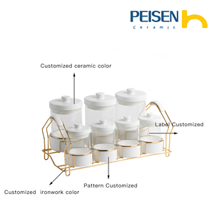 Ensemble de pots de conservation alimentaire en céramique classique, 7 pièces, bocaux en verre, bordure dorée, support en fer, poignée, thé, café, sucre, épices, OEM - Product Image 6