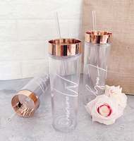 Gobelet avec couvercle et paille pour demoiselle d'honneur, coupe en plastique transparent, acrylique, réutilisable, de couleur or Rose, 16oz, 1 pièce