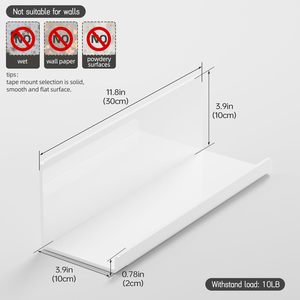 Étagère murale flottante en acrylique, lot de 2, blanche, 12 pouces, support de rangement adhésif pour salle de bain, cuisine, chambre - Product Image 3