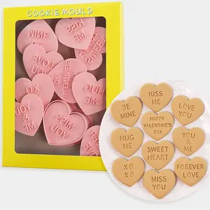 8PCS Valentine Cookie Embosser Mold DIY LOVE Heart Shape Fondant Stamp for Wedding Cake Decorating Tools Baking Molds