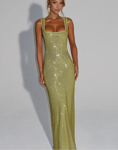 Vestido de Noche Verde con Pedrería, Ajustado, Sin Mangas, Cuello Cuadrado, Maxi Vestido Largo, Espalda Descubierta, para Fiesta o Evento Formal - Product Image 1