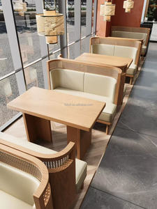 Ensemble de salle à manger en bois et rotin de style Japandi, banquette de café minimaliste avec chaises en rotin tressé, mobilier de café en bois massif de style mid-century - Product Image 2
