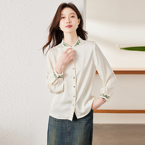Women's Apricot Blouse Solid Color Chiffon Chinese Style Embroidered Work Shirt - Product Image 3