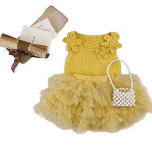Baby Girl Knitted Camisole Mesh Tutu Two Piece Set Breathable Summer Outfit Yellow Floral Design - Product Image 5