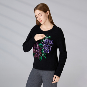 Maglione Nero con <span class=keywords><strong>Paillettes</strong></span> e Ricamo a Peonia, Girocollo, Maniche Lunghe, Pullover Casual da Donna - Product Image 3
