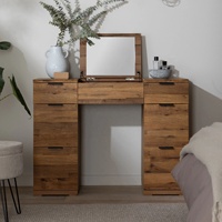 Coiffeuse de style minimaliste personnalisée avec miroir, design plat en mélamine, effet placage de chêne, 6 tiroirs, console de maquillage, table à langer