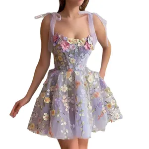 Señoras nuevo glamour flor bordado belleza vestido sin tirantes mini vestido