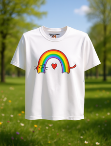 T-shirt da donna Rainbow Cat And Heart a maniche corte con scollo rotondo, grazioso top stampato in jersey di cotone primaverile ed estivo - Product Image 2