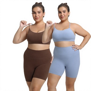 Ensemble de yoga personnalisé ultra-extensible XXXL, soutien-gorge de sport respirant, short à bretelles croisées, col carré, motif à carreaux, ensemble en Spandex/Nylon - Product Image 1