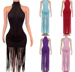 Viviblook Z0105DS01 Nuevo Vestido Elegante de Fiesta para Mujer, Sexy, con Borlas, Color Sólido, Espalda Descubierta, Fruncido, Ajustado, para Fiesta de Graduación - Product Image 1