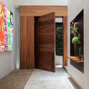 Porta de entrada moderna de madeira moderna para casas de luxo europeias, porta pivotante frontal com alça longa, porta principal moderna para vilas