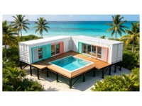 Maison conteneur moderne de luxe à 1 étage, tropicale, colorée, étanche, avec portes vitrées à persiennes blanc menthe corail, terrasse en bois, piscine et poteaux en acier