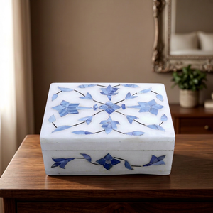 Boîte à bijoux rectangulaire en marbre avec incrustation florale bleue pour le rangement - Product Image 1