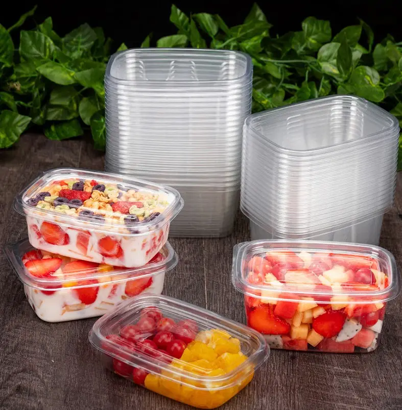 Vente en gros Récipient alimentaire en PET transparent rectangle jetable à emporter en plastique Boîte d'emballage pour salade de fruits pour bonbons pâtisserie