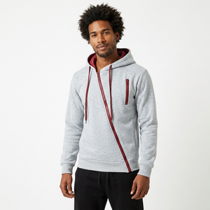 Sweat-shirt à capuche gris pour homme avec bordure rouge et poches latérales, coupe-vent, respirant, vêtements décontractés d'hiver - Product Image 1
