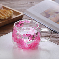 Tasses à thé et à café en verre double paroi écologiques de style européen 150 ml/250 ml, motif floral simple, avec poignée, pour l'école