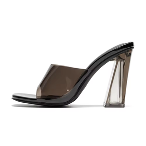 Zapatos de Tacón Alto Personalizados de Cuero Sintético Negro con Tacón Cuadrado Grueso para Mujer, Sandalias Deslizantes - Product Image 1