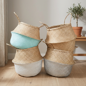 Handwoven Natural Seagrass Belly <b>Basket</b> <b>Foldable</b> Boho Organizer For Laundry Home Decor With Handles Durable Eco Friendly Design - Product Image 1