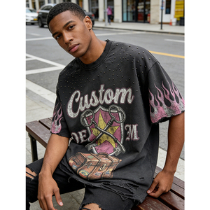 <b>Rivet</b> Rhinestones Vintage Distressed Digital Printing 100% Cotton Worn Out OEM Custom Boxy Oversized Streetwear Men's T-shirt - Product Image 2