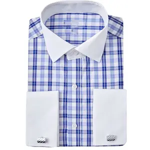 버튼 업 셔츠 남자 긴 소매 하이 퀄리티 패브릭 커프스 단추 셔츠 도매 체크 셔츠와 프렌치 커프