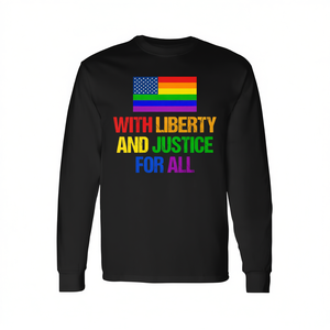 T-shirt a maniche lunghe con bandiera americana arcobaleno con design Liberty And Justice For All LGBTQ Pride - Product Image 2