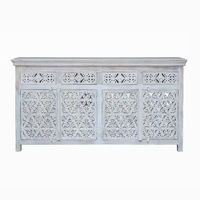Buffet en bois massif sculpté à la main – Meuble de rangement 4 portes et 4 tiroirs finition blanchie – Credenza Shabby Chic avec décor Jali