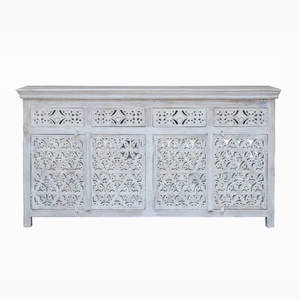 ตู้ไซด์บอร์ดไม้แกะสลักด้วยมือ – ตู้บุฟเฟ่ต์ 4 บาน 4 ลิ้นชัก สีขาววอช – ตู้เก็บของสไตล์ชาบี้ชิค ลายฉลุแบบจาลี - Product Image 6