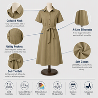 Robe Midi en Coton 200 GSM pour Femme, Col Chemise, Manches Courtes, Ceinture et Poches, Logo Personnalisé, OEM, Vente en Gros