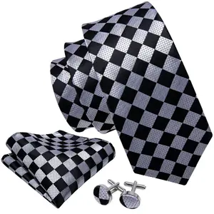 China Lieferanten Ready Made Custom Weiß Schwarz Karierte Seiden krawatten Krawatten mit Einst ecktuch
