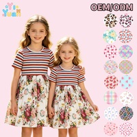 Robe d'été à manches courtes pour petites filles, style swing, côtelée, à rayures, patchwork floral, coupe trapèze, douce et respirante, pour le quotidien et les jeux