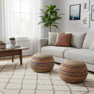 DIVTIK DECOR Modern Design Handcrafted Jute and Cotton Round <b>Pouf</b> Braided Style 2-Piece Movable Living Room and Hall Decor - Product Image 3