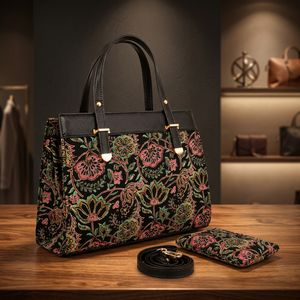 Ensemble de sacs à main de luxe vintage 3 pièces pour femme, sac fourre-tout imprimé brocart Kalamkari, pochette assortie, bandoulière amovible, pompon, portable - Product Image 6
