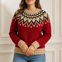 Pull en tricot Fair Isle personnalisé pour femme, col rond, rouge cerise, jaune beige, motif flocon de neige, fabrication OEM ODM