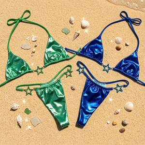 Maillot <span class=keywords><strong>de</strong></span> <span class=keywords><strong>bain</strong></span> personnalisé tendance euro-américain en satin deux pièces style Baudeau pour femme – Bikini élégant triangle pour la plage – Fabrication usine - Product Image 1