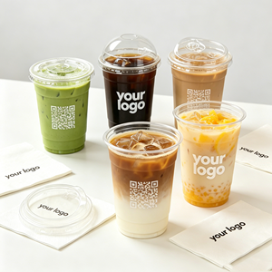 แก้วพลาสติกใสแบบใช้แล้วทิ้งขนาด 9 ออนซ์ 350 มล. 16 ออนซ์ พร้อมโลโก้สั่งทำ แก้วชาพลาสติกขนาด 16 ออนซ์ พร้อมฝาปิดแบบแบนและหลอดดูด ขายส่งแก้ว PET - Product Image 1