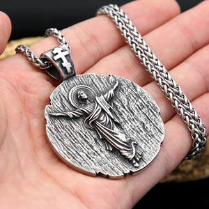 Stainless Steel Round Pendant Necklace Men's Religious Jesus Christ Design Punk Retro Style Jewelry <b>Cross</b> Pattern Fashion - Product Image 4