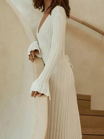 Robe en tricot pour femme, col en V long, élégante, unie, à manches longues, coupe trapèze, en maille côtelée, du fabricant de tricots