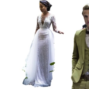 Wedding Dress V Neck Long Sleeve Embroidered Lace Sheath White Natural Waistline Vintage Style - Product Image 5